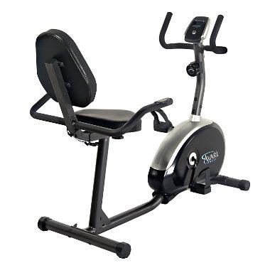 A black and silver recumbent exercise bike.