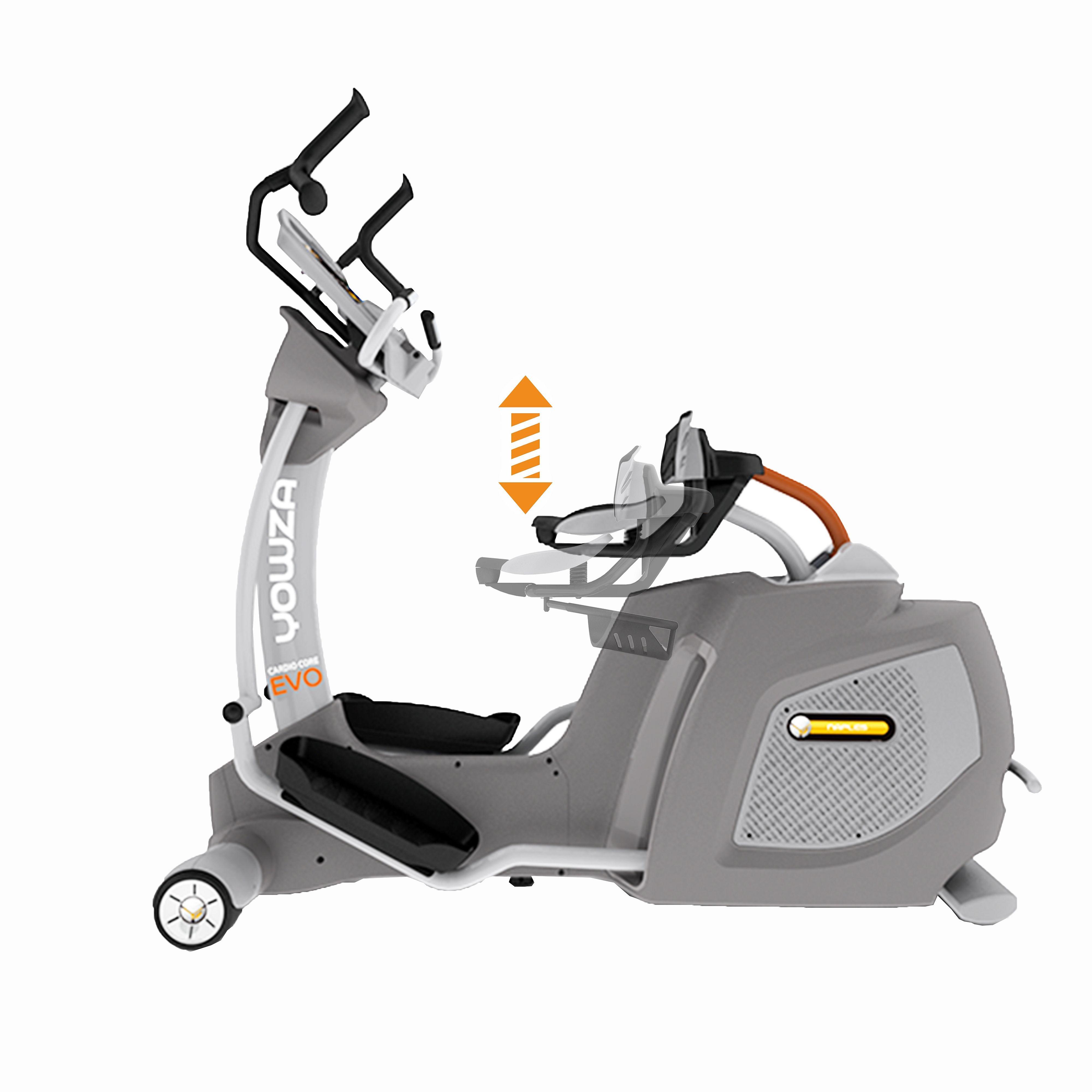 A grey, silver, orange, and yellow exercise bike.
