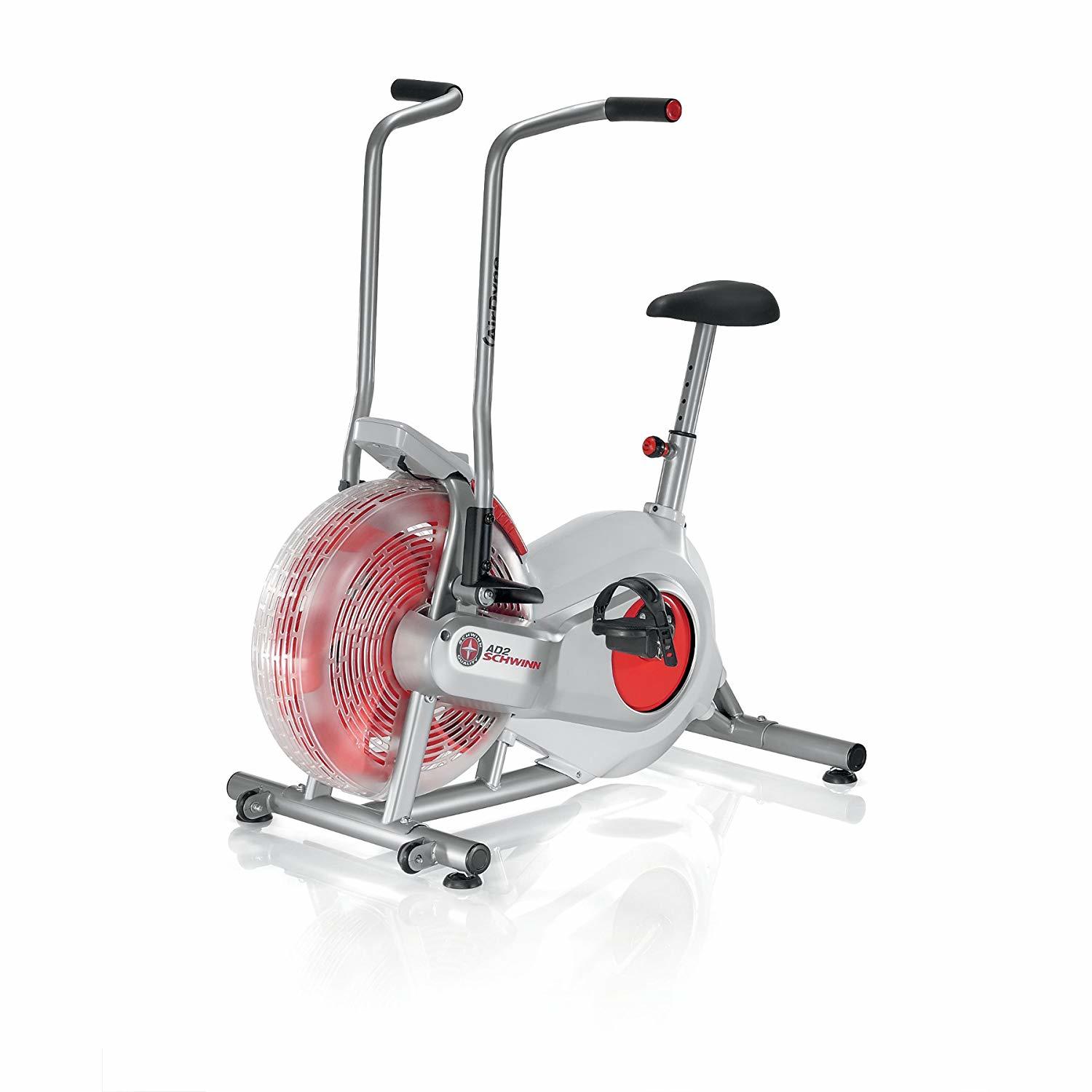 A silver, grey, and red exercise bike.