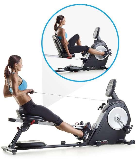 Woman using both functionalities on the Proform Dual Trainer Bike/Rower