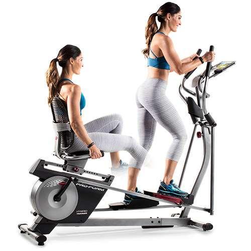 woman alternating between elliptical and exercisebike on Proform Hybrid Trainer XT