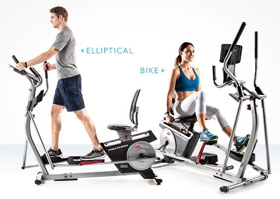 man and woman using Proform Hybrid Trainer XT as an elliptical and exercise bike