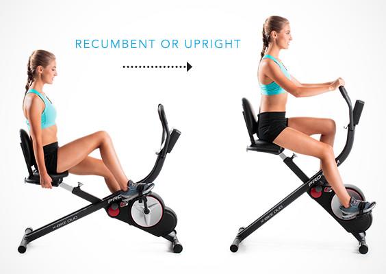 A woman in athletic clothes riding an exercise bike in recumbent both position and upright position.
